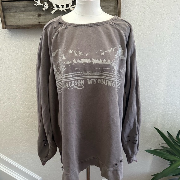 Free People Tops - Free People Distressed Jackson Wyoming Gray Sweatshirt ladies size M